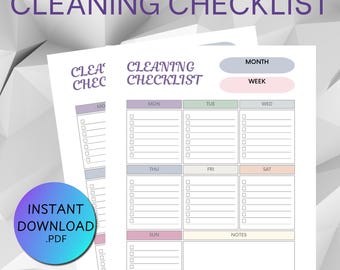 Può includere: Un elenco di controllo delle pulizie stampabile con le parole "CLEANING CHECKLIST" in alto. L'elenco include sezioni per ogni giorno della settimana, con spazio per scrivere le attività. Un cerchio blu con "INSTANT DOWNLOAD .PDF" in basso a sinistra.