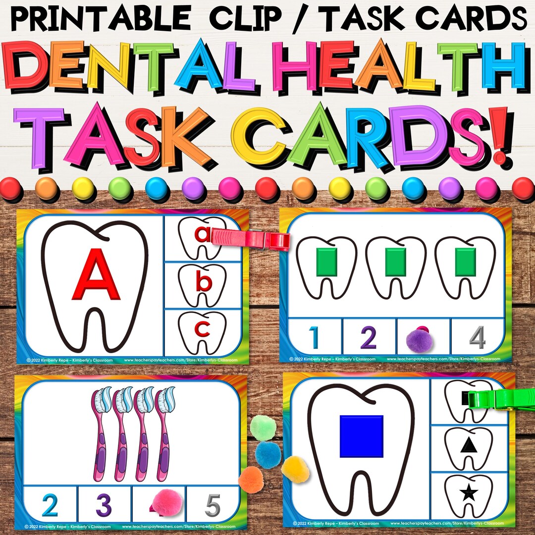 Dental Health Math & Literacy Task Cards - Hygiene, Alphabet and Shapes ...