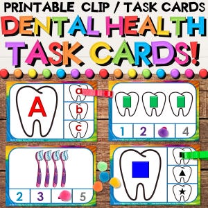 May include: Colorful dental health task cards with the text "PRINTABLE CLIP / TASK CARDS DENTAL HEALTH TASK CARDS!". The cards feature teeth, letters, numbers, and shapes, with colorful pom-poms and clothespins.