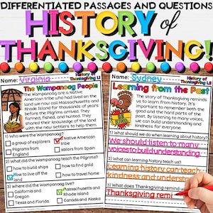 May include: A colorful educational worksheet titled "History of Thanksgiving!" features text and illustrations about the Wampanoag people and learning from the past. Includes questions and answers about the holiday.