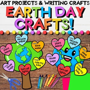 May include: Earth Day crafts for kids.  A colorful printable craft with a green tree and a blue Earth with a smiling face.  The craft includes hearts with phrases like "I can recycle paper" and "I can save water".