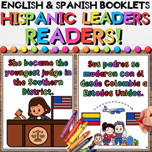 May include: Educational booklet titled "English & Spanish Booklets Hispanic Leaders Readers!" with illustrations of a judge and a family. The booklet includes text in both English and Spanish, with colourful crayons and flags.