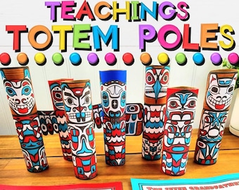 May include: A display of colourful totem poles with red, blue, and white patterns. The text "7 Grandfather Teachings Totem Poles" is at the top. Two sheets of paper with text are at the bottom.