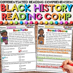 May include: A colorful educational worksheet titled "Black History Reading Comp" with text and illustrations about Rosa Parks and Barack Obama. The worksheet includes reading comprehension questions and answers.