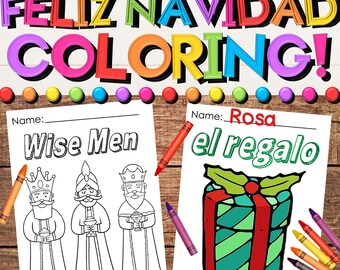 Może przedstawiać: Drukowane kolorowanki z tekstem "FELIZ NAVIDAD COLORING!". Wyświetlane są dwie strony do kolorowania, jedna z "Wise Men" i druga z "el regalo". Kredki w różnych kolorach są rozrzucone po stronach.
