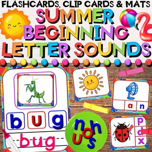 Può includere: Flashcard e clip card educative colorate con il testo "SUMMER BEGINNING LETTER SOUNDS". Le carte presentano illustrazioni di un sole, una mantide religiosa, un ventilatore e una coccinella, insieme a suoni di lettere e parole.