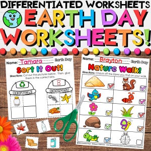 Puede incluir: Dos hojas de trabajo imprimibles del Día de la Tierra para niños. La primera hoja de trabajo es una actividad de clasificación con un contenedor de reciclaje y un contenedor de compostaje. La segunda hoja de trabajo es una lista de verificación de caminata por la naturaleza con imágenes de un pájaro, una ardilla, una hormiga, hierba, una mariposa, una mariquita, una roca y una oruga.