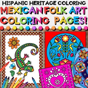 Mexican Folk Art Coloring Crafts for Hispanic Heritage Month, Day of the Dead, or Cinco de Mayo