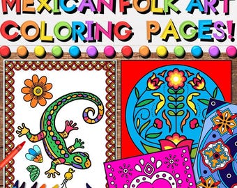 May include: Four coloring pages featuring Mexican folk art designs. The designs include a lizard, a floral pattern, a heart, and a mandala. The pages are printed on white paper and are ready to be colored.