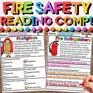 Könnte beinhalten: Ein farbenfrohes Lehrplakat mit dem Titel „Fire Safety Reading Comp!“ zeigt Text und Illustrationen über Feuerwehrleute und Feuerlöscher. Das Plakat enthält Lückentexte und Antworten, mit einem Cartoon-Feuerwehrmann und einem roten Feuerlöscher.