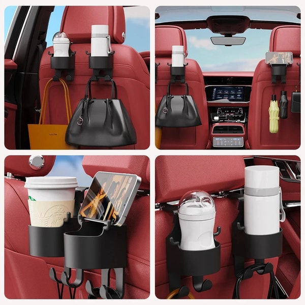 Gancho para reposacabezas de asiento de coche, organizador de almacenamiento Universal con portavasos para bolso, accesorios universales para vehículo y coche