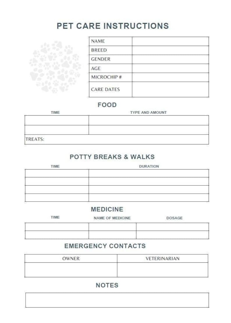 Printable Pet Care Instructions and Pet Sitter Notes - Etsy