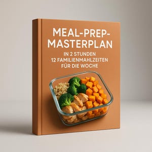 Könnte beinhalten: Ein Kochbuch mit dem Titel "MEAL-PREP-MASTERPLAN" mit weißem Text. Der Einband ist in einem warmen Braunton gehalten. Vor dem Buch steht ein Glasbehälter mit gekochtem Hähnchen, Brokkoli, Süßkartoffeln und Getreide.