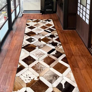 Handmade Cowhide Rug Patchwork Tricolor Cow Skin Hand Stitched Premium Leather Area Rug Hair On |  Cowhide Patchwork Carpet