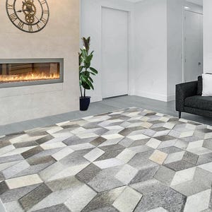Handmade Cowhide Rug Patchwork Grey And White Cow Skin Hand Stitched Premium Leather Area Rug Hair On |  Black Cowhide Patchwork Carpet