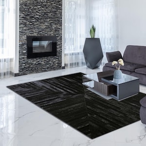 Handmade Cowhide Rug Patchwork Black Cow Skin Hand Stitched Premium Leather Area Rug Hair On |  Black Cowhide Patchwork Carpet