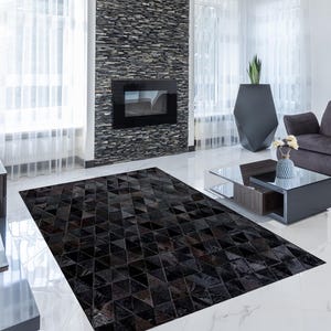 Handmade Cowhide Rug Patchwork Black Cow Skin Hand Stitched Premium Leather Area Rug Hair On |  Black Cowhide Patchwork Carpet