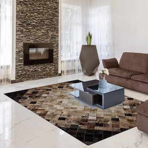 Handmade Cowhide Rug Patchwork Tricolor Cow Skin Hand Stitched Premium Leather Area Rug Hair On | Brown Black White Cowhide Patchwork Carpet