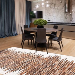 Handmade Cowhide Rug Patchwork Tricolor Cow Skin Hand Stitched Premium Leather Area Rug Hair On | Brown Black White Cowhide Patchwork Carpet
