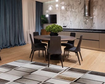 Handgefertigter Teppich aus Rindsleder Patchwork Tricolor Kuhhaut Handgenähter Premium Lederteppich Haar-auf | Braun Schwarz Weiß Rindsleder Patchwork Teppich
