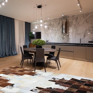 Handmade Cowhide Rug Patchwork Tricolor Cow Skin Hand Stitched Premium Leather Area Rug Hair On | Brown Black White Cowhide Patchwork Carpet