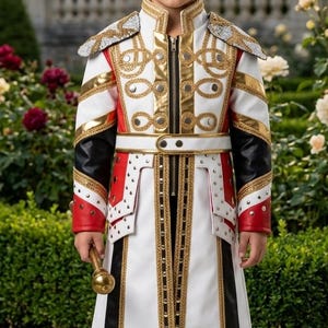 May include: A white, red, and black long-sleeved coat with gold trim, silver shoulder epaulets, and a front zipper closure. The coat features decorative gold braiding, metallic accents, and a matching belt, worn over black trousers and black boots.