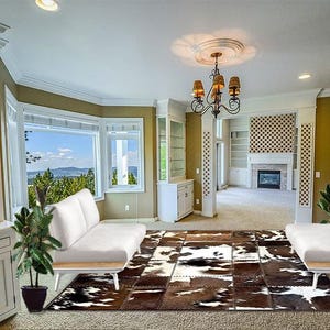 Handmade Cowhide Rug Patchwork TRI Colour Cow Skin Hand Stitched Premium Leather Area Rug Hair On |  TRI Cowhide Patchwork Carpet