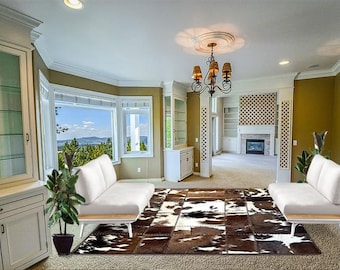 Handmade Cowhide Rug Patchwork TRI Colour Cow Skin Hand Stitched Premium Leather Area Rug Hair On |  TRI Cowhide Patchwork Carpet