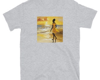 Sunset Stroll Unisex T-Shirt: Black Woman Silhouette Beach Sunset Design