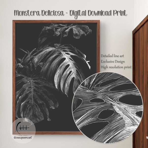 Monstera Deliciosa | Printable digital art | Printable tropical leaf | Sgraffito | Grayscale | Modern decoration | wall art