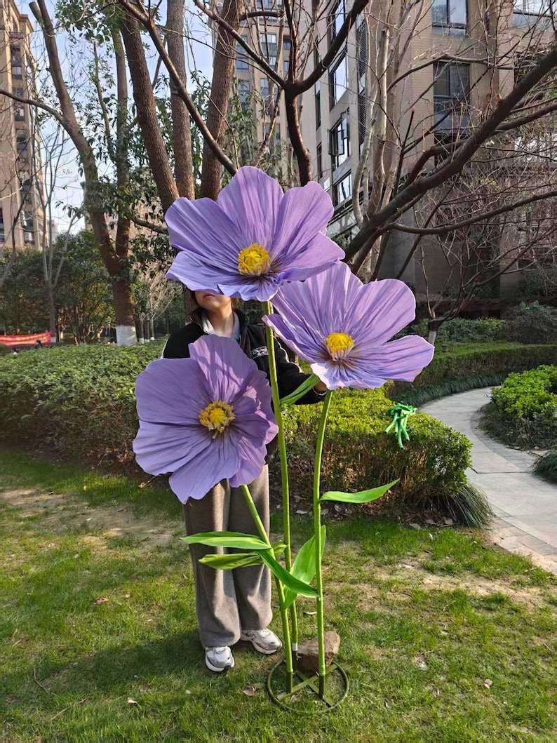Peut inclure: Trois grandes fleurs en papier violet avec des centres jaunes et des tiges vertes. Les fleurs sont expos&eacute;es &agrave; l'ext&eacute;rieur, debout dans une zone herbeuse. Les p&eacute;tales sont d'une teinte violette vibrante.
