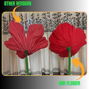 Peut inclure: Deux grandes fleurs en papier rouge avec des tiges vertes sont pr&eacute;sent&eacute;es devant un rideau cr&egrave;me. Les textes "OTHER VENDORS" et "OUR FLOWER" sont visibles. Les fleurs sont d'un rouge vif.