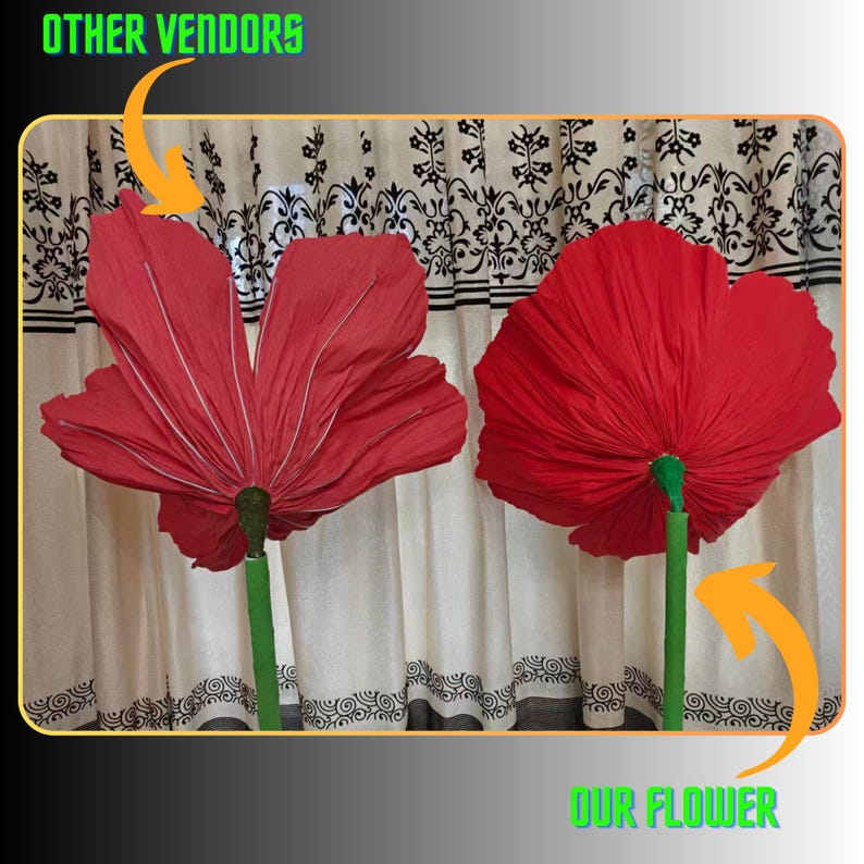 Peut inclure: Deux grandes fleurs en papier rouge avec des tiges vertes sont pr&eacute;sent&eacute;es devant un rideau cr&egrave;me. Les textes "OTHER VENDORS" et "OUR FLOWER" sont visibles. Les fleurs sont d'un rouge vif.
