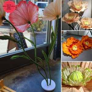 Set di papaveri artificiali con 3 teste di fiori di papavero con base in legno e foglie per decorazioni di eventi, composizioni floreali, baby shower