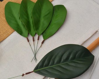 Paquete de 10 hojas artificiales de magnolia gigantes de 20 cm/21 cm/25 cm de ancho con alambre de hierro para arreglos florales, decoración de bodas, cumpleaños y fiestas.