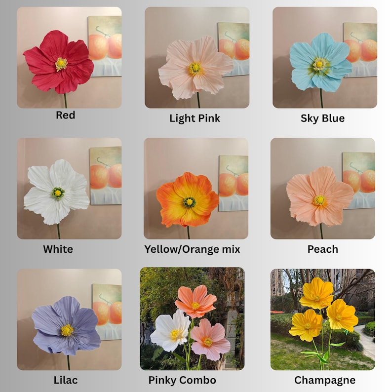 Peut inclure: Une collection de fleurs artificielles de diff&eacute;rentes couleurs : rouge, rose clair, bleu ciel, blanc, m&eacute;lange jaune/orange, p&ecirc;che, lilas, combinaison rose et champagne. Chaque fleur a des p&eacute;tales d&eacute;taill&eacute;s et un centre jaune.