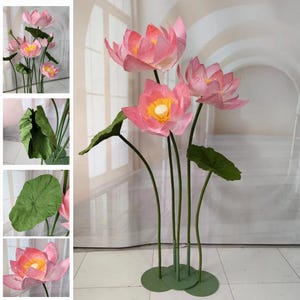 Fiori di loto giganti da 24 pollici, fiori di carta di grandi dimensioni con foglie per photo booth, sfondo per matrimonio, decorazione floreale