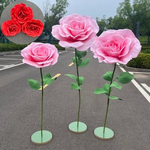 Rose di grandi dimensioni, 3 pezzi, con stelo e supporto, per decorazioni per matrimoni all'aperto, fiori di schiuma giganti impermeabili, feste di compleanno, eventi, addio al nubilato