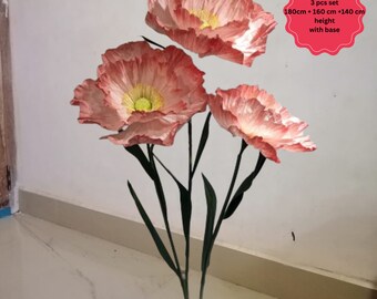 Poppy Flower Artificial Poppies 3 Heads set with Wooden Base and Leaves for Event Decoration, Floral arrangements, Baby showers