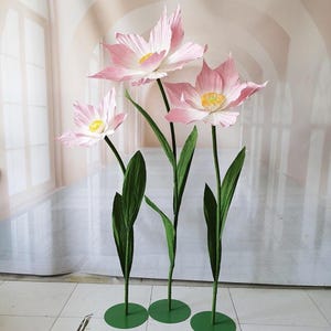 Oversized Lotus Flowers 24 inch Wide 3 Flower Heads with Leaves Artificial Paper Flower for Bridal Shower Wedding Pre-shoot Christian Decor