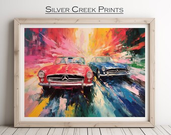 Classic Cars with Pinks and Blues Printable Digital Art