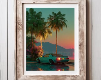 Retro Sunset Wall Art Print | Vaporwave Neon City Poster | Y2K Bedroom Decor | Synthwave Gift for Him | Instant Download