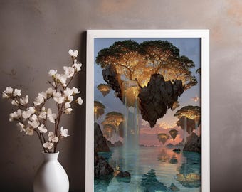 魔法の浮島ウォールアート｜幻想的な滝の風景プリント｜魅惑的な寝室の装飾｜おとぎ話のようなギフト｜即時ダウンロード