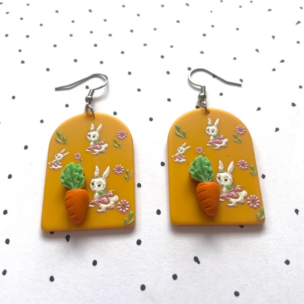 Large Statement Polymer Clay Easter Bunny Rabbit Carrot Earrings hypoallergenic stainless surgical steel alternative gift*quirky*jewellery