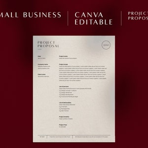以下が含まれることがあります： 上部に「SMALL BUSINESS CANVA EDITABLE PROJECT PROPOSAL」というテキストが書かれたベージュのプロジェクト提案テンプレート。テンプレートには、プロジェクト名、プロジェクトの範囲、サービスのリスト、成果物のリスト、プロジェクトのタイムライン、プロジェクトの費用に関するセクションが含まれています。