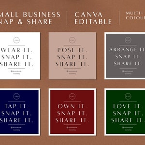 Peut inclure: Un graphique modifiable Canva multicolore avec le texte "SMALL BUSINESS SNAP & SHARE". Six cartes carrées affichent des phrases telles que "WEAR IT. SNAP IT. SHARE IT." et "POSE IT. SNAP IT. SHARE IT."