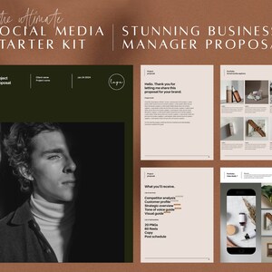 May include: A project proposal for a social media starter kit. The proposal includes a competitor analysis, customer profile, strategic overview, tone of voice guide, visual guide, 20 PNGs, 60 Reels, copy, and a post schedule.