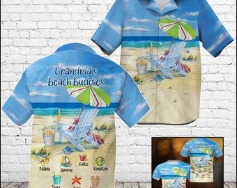 Grandma's, Nana's, Mimi's Beach Buddies Personalized Hawaiian Shirt, Family Hawaiian Shirt, Vintage 90s Grandma Buddies Beach Hawaiian Shirt