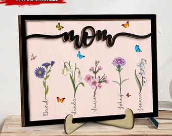 Moeder mama Nana oma kleinkinderen aquarel bloemen gepersonaliseerde houten plaquette met kindernamen, moeder oma's tuin houten bord