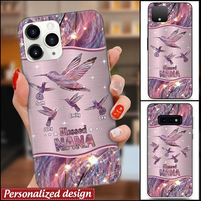 Blessed Nana Hummingbird Glitter Sparkle Patroon Gepersonaliseerd cadeau voor oma Telefoonhoesje, Moederdagcadeau, Op maat voor iPhone Samsung Anders afbeelding 1